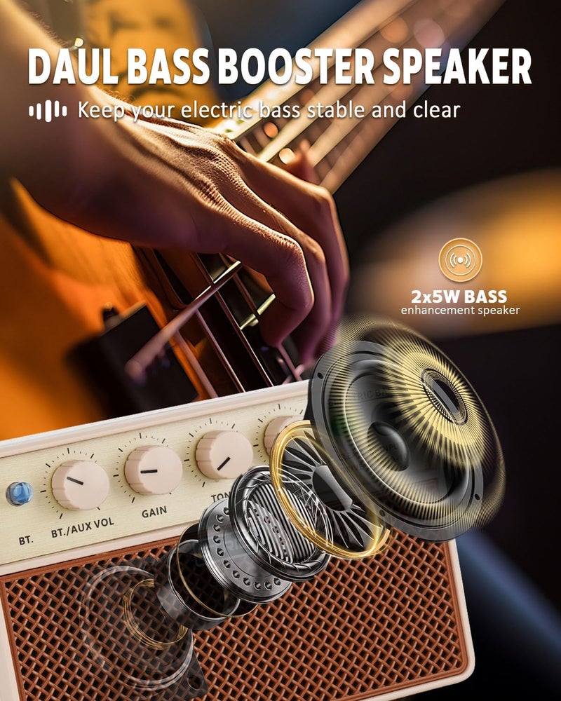 STRICH 2 x 5 W Mini Bass Amp - Portable, Rechargeable Bass Practice Amplifier with Clean & Drive Channels, 1/8 Headphone Output for Beginner, Brown - Image 2